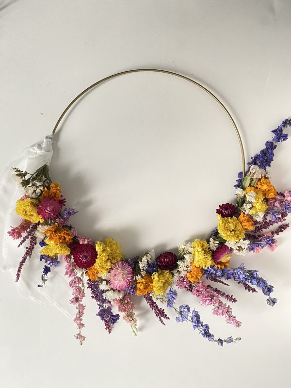 Gold hoop with Pink, Purple and Yellow flowers going halfway around